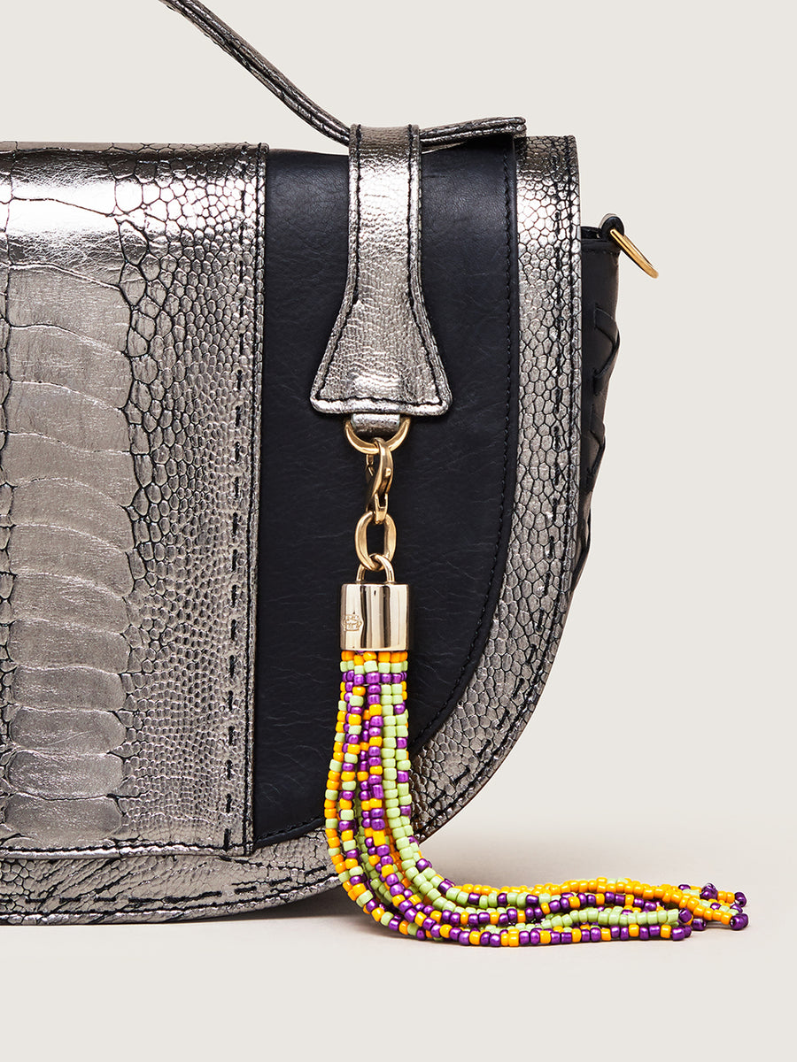 Releve Fashion Okapi Clip On Beaded Tassel Bag Charm Lime Purple Yellow Sustainable Ethical Fashion Brand Positive Luxury Positive Fashion Purchase with Purpose Shop for Good