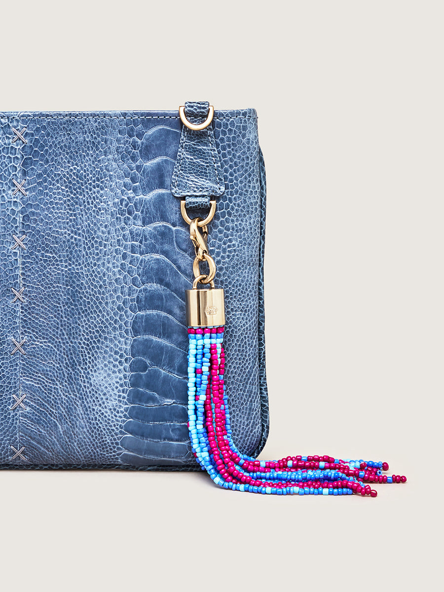 Releve Fashion Okapi Clip On Beaded Tassel Bag Charm Turquoise Fuchsia Blue Sustainable Ethical Fashion Brand Positive Luxury Positive Fashion Purchase with Purpose Shop for Good