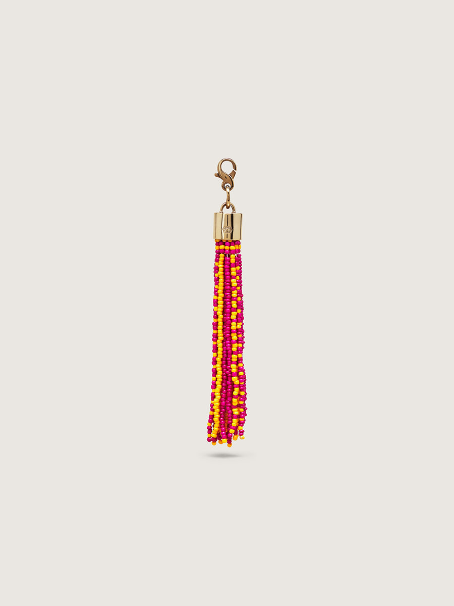 Releve Fashion Okapi Clip On Beaded Tassel Bag Charm Yellow Fuchsia Dark Yellow Sustainable Ethical Fashion Brand Positive Luxury Positive Fashion Purchase with Purpose Shop for Good