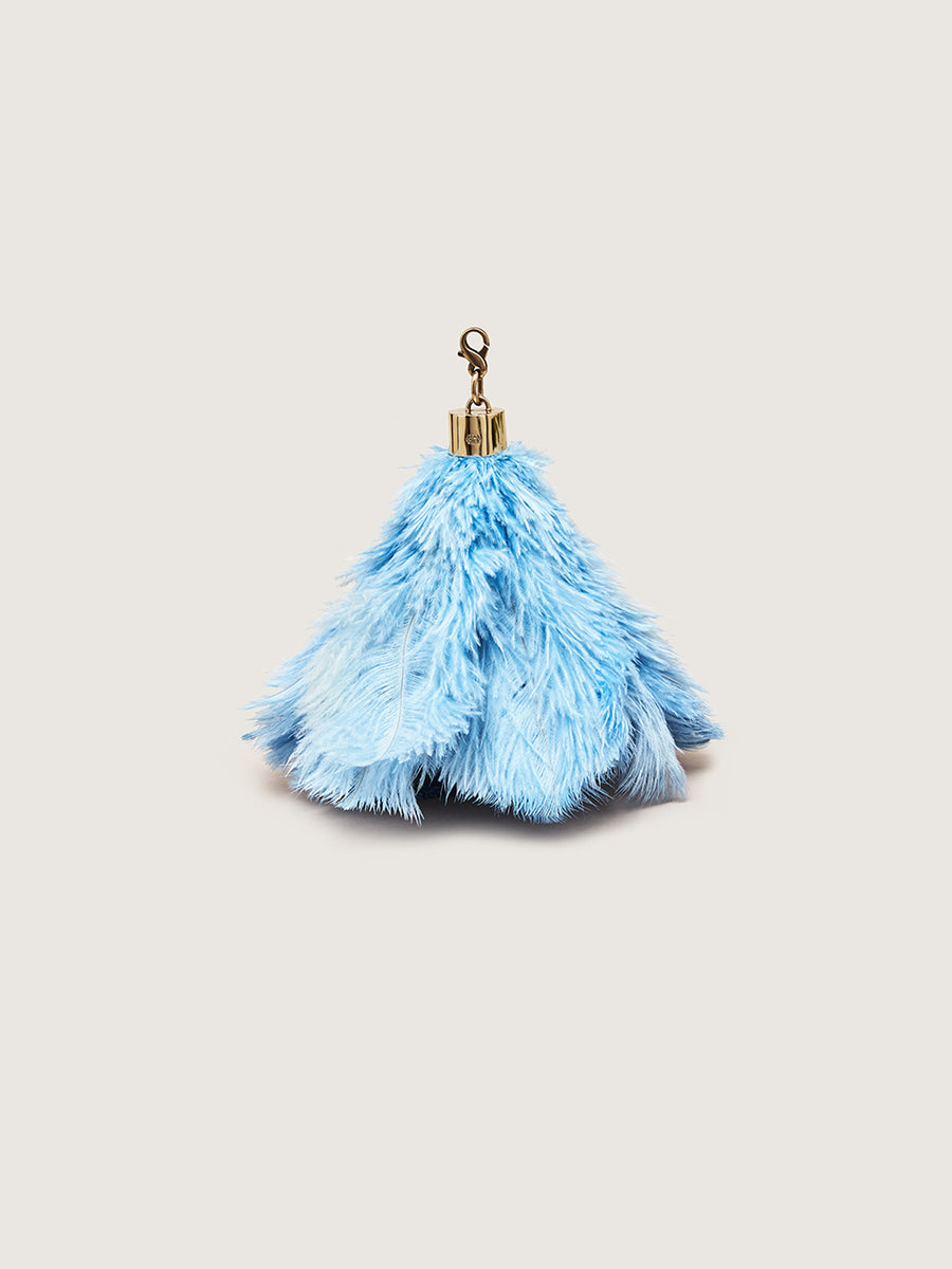 Releve Fashion Okapi Bag Charm Ostrich Feather Truex Blue Gold Hardware Sustainable Ethical Fashion Brand Positive Luxury Positive Fashion Purchase with Purpose Shop for Good