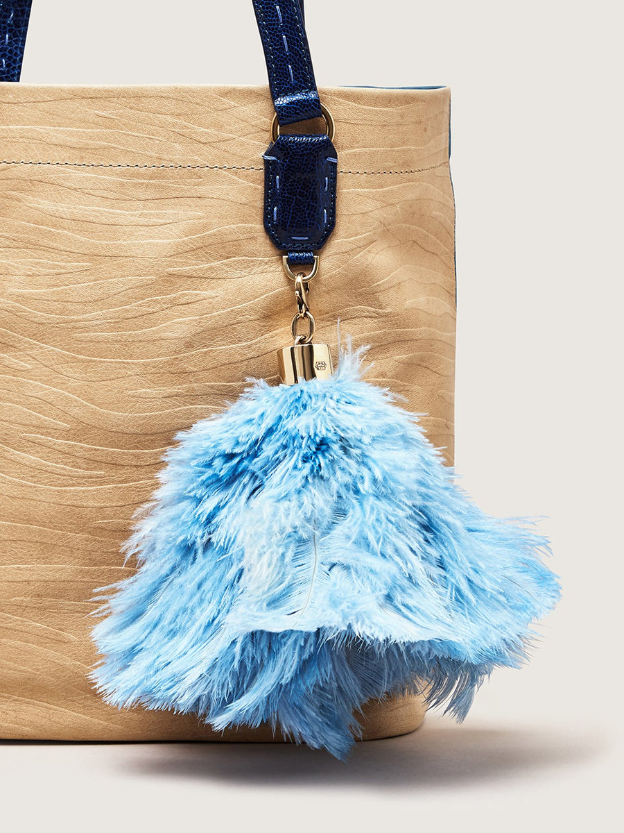 Releve Fashion Okapi Bag Charm Ostrich Feather Truex Blue Gold Hardware Sustainable Ethical Fashion Brand Positive Luxury Positive Fashion Purchase with Purpose Shop for Good