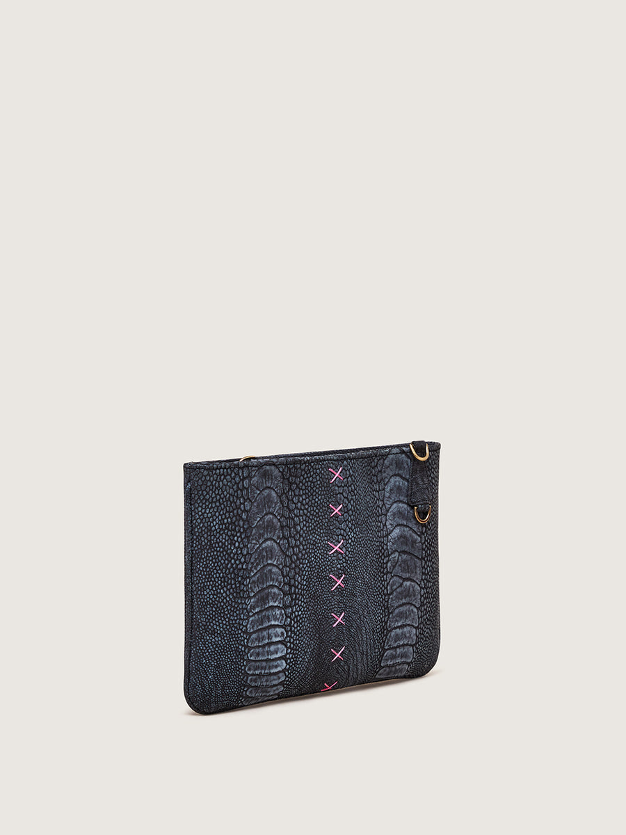 Releve Fashion Okapi Aja Clutch Black Ostrich Shin Pink Stitching Sustainable Ethical Fashion Brand Positive Luxury Positive Fashion Purchase with Purpose Shop for Good