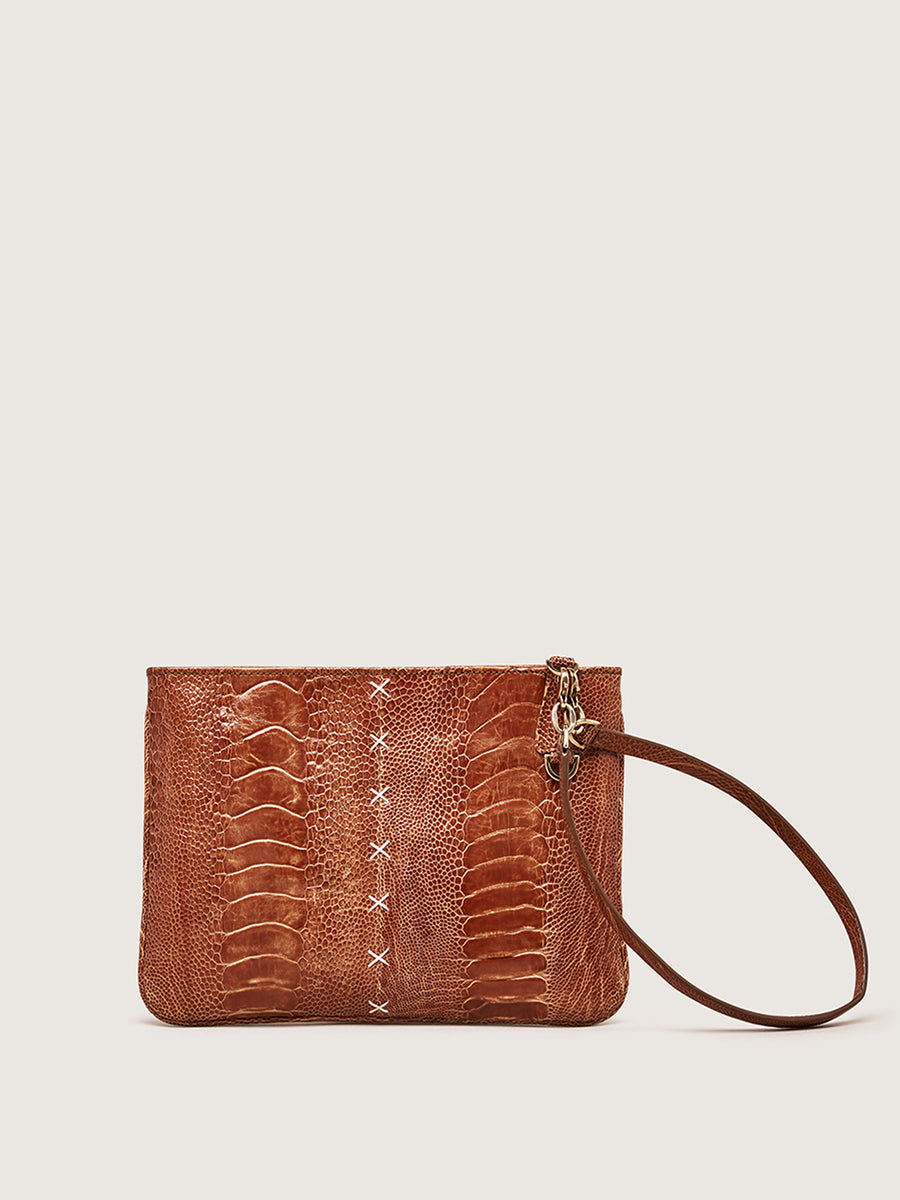 Releve Fashion Okapi Clutch Burnt Amber Ostrich Shin Gold Hardware Shop Buy Now Sustainable Fashion Ethical Fashion Positive Fashion Positive Luxury Brand Bags Accessories Clutch