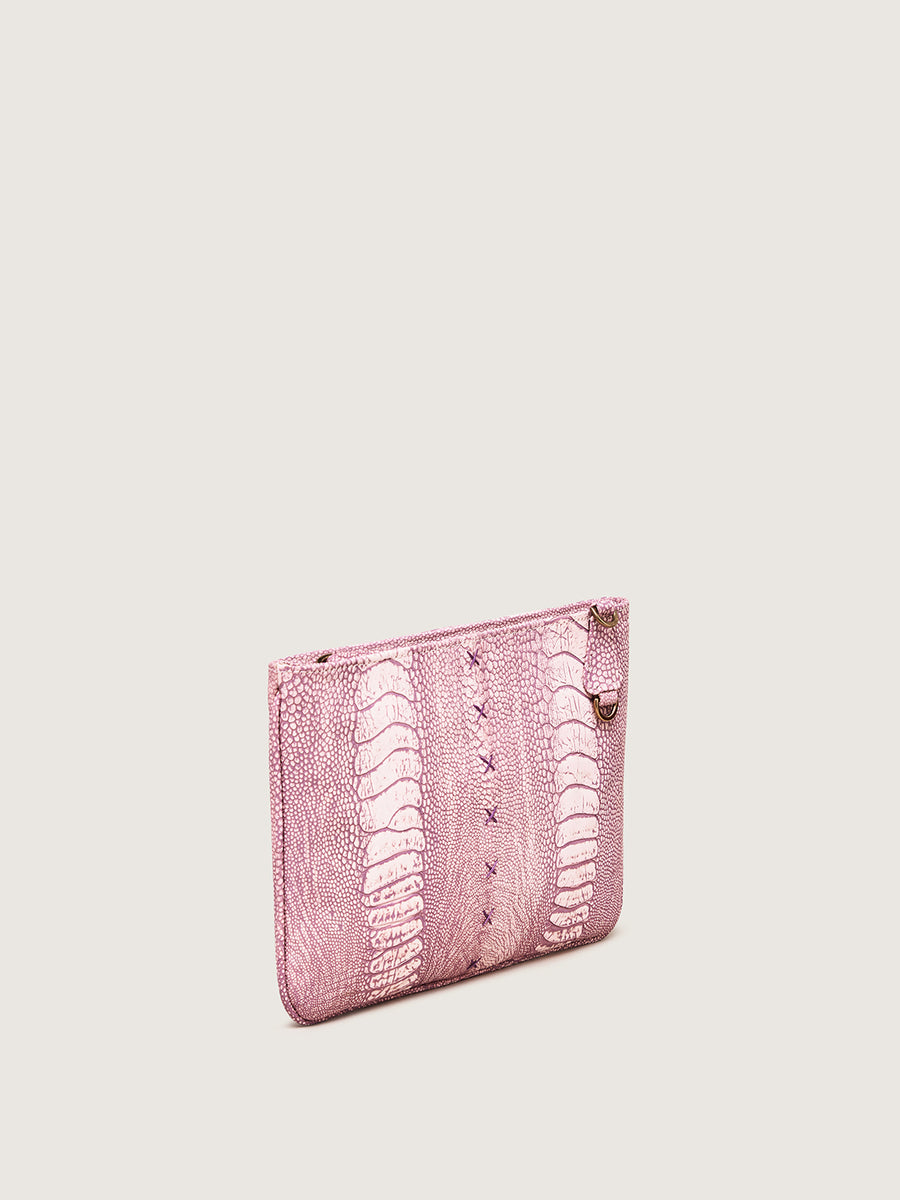 Releve Fashion Okapi Aja Clutch Light Pink Ostrich Shin Black Stitching Sustainable Ethical Fashion Brand Positive Luxury Positive Fashion Purchase with Purpose Shop for Good