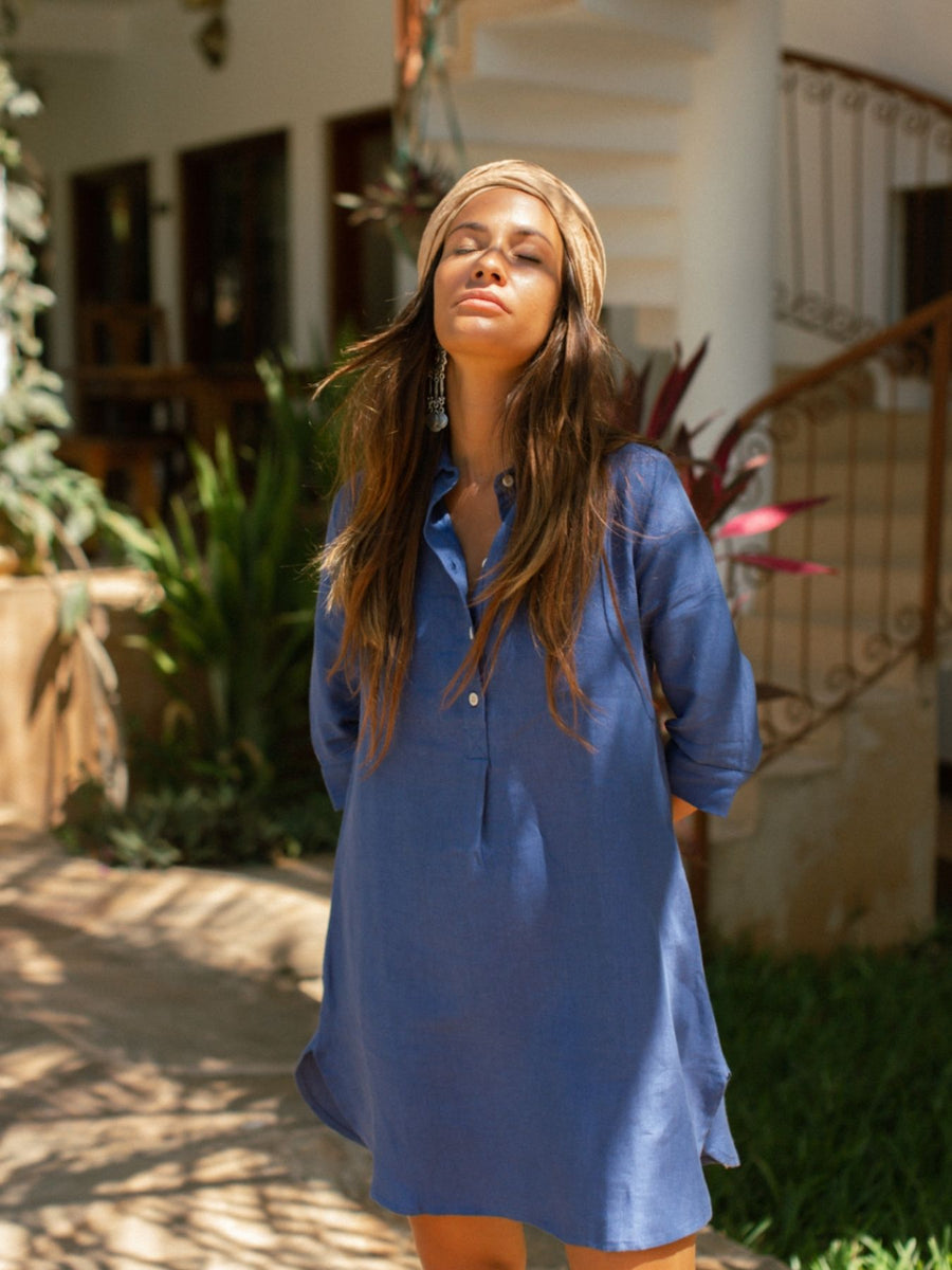 Releve Fashion Oramai London Blue Bahamas Linen Collared Shirt Ethical Clothing Designers Sustainable Fashion Brands Eco-Age Brandmark Purchase with Purpose Shop for Good