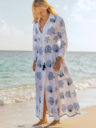 Releve Fashion Oramai London Saheli Embroidered Amalfi Long Shirt Dress in Blue & White Sustainable Style Conscious Clothing Ethical Fashion Purchase With Purpose Shop For Good