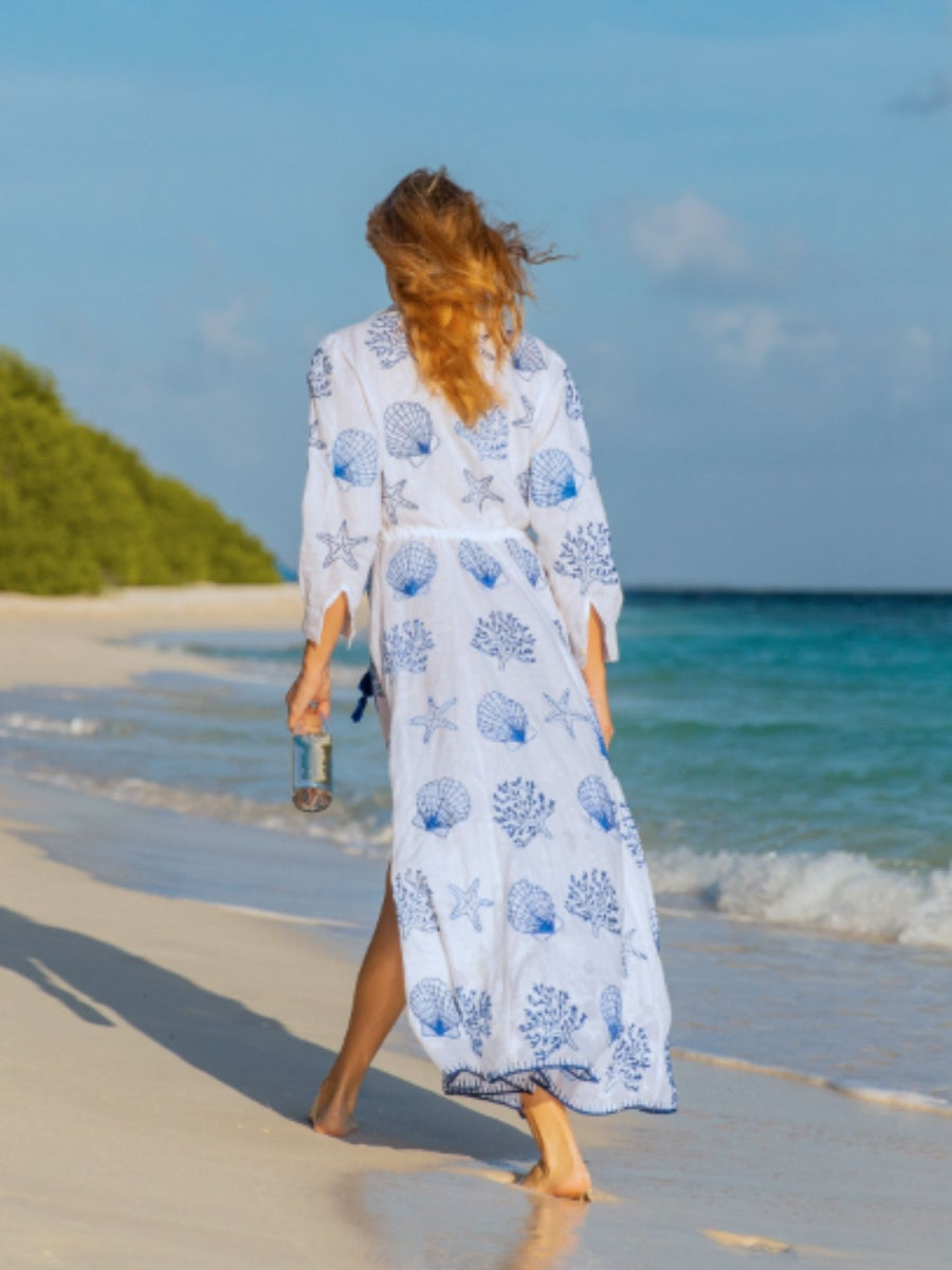 Saheli Amalfi Long Dress, White / Blue Ocean Embroidery