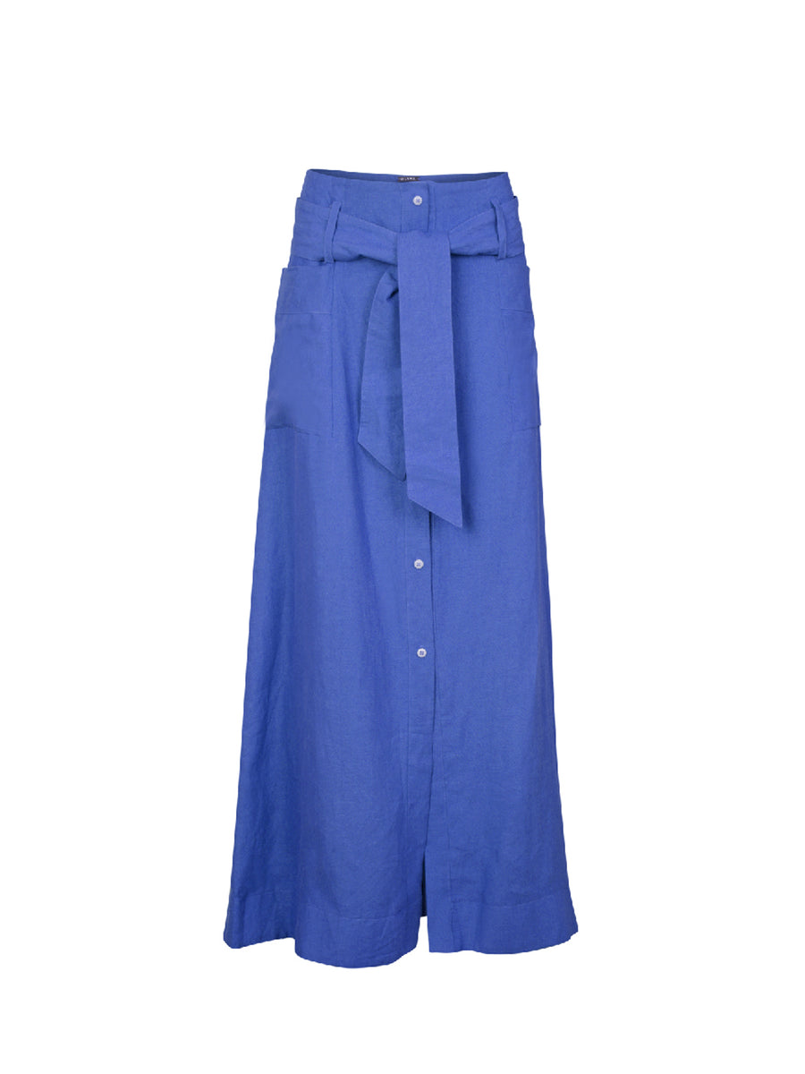Releve Fashion Oramai London Blue Nomade Linen Long Skirt Ethical Clothing Designers Sustainable Fashion Brands Eco-Age Brandmark Purchase with Purpose Shop for Good