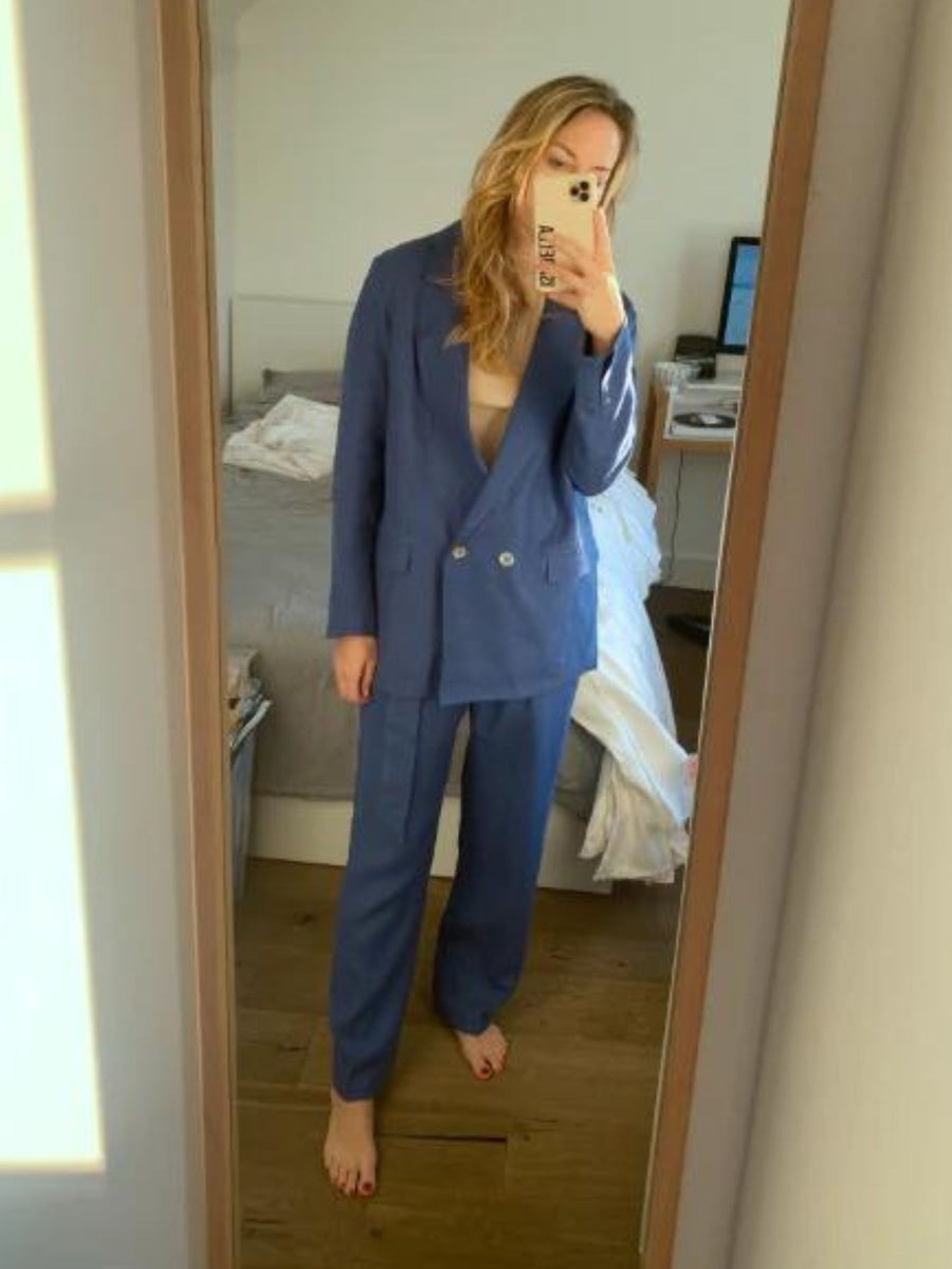 Releve Fashion Oramai London Blue Nomade Linen Suit Trousers Ethical Clothing Designers Sustainable Fashion Brands Eco-Age Brandmark Purchase with Purpose Shop for Good