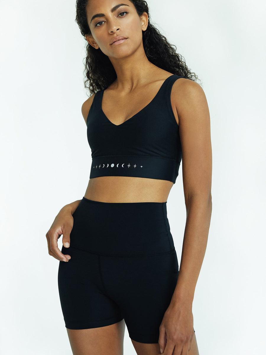 Releve Fashion Pama London Black Moon & Stars Cycling Shorts Ethical Designers Sustainable Fashion Brand Activewear Athleticwear Athleisure Yoga Positive Fashion Purchase with Purpose Shop for Good