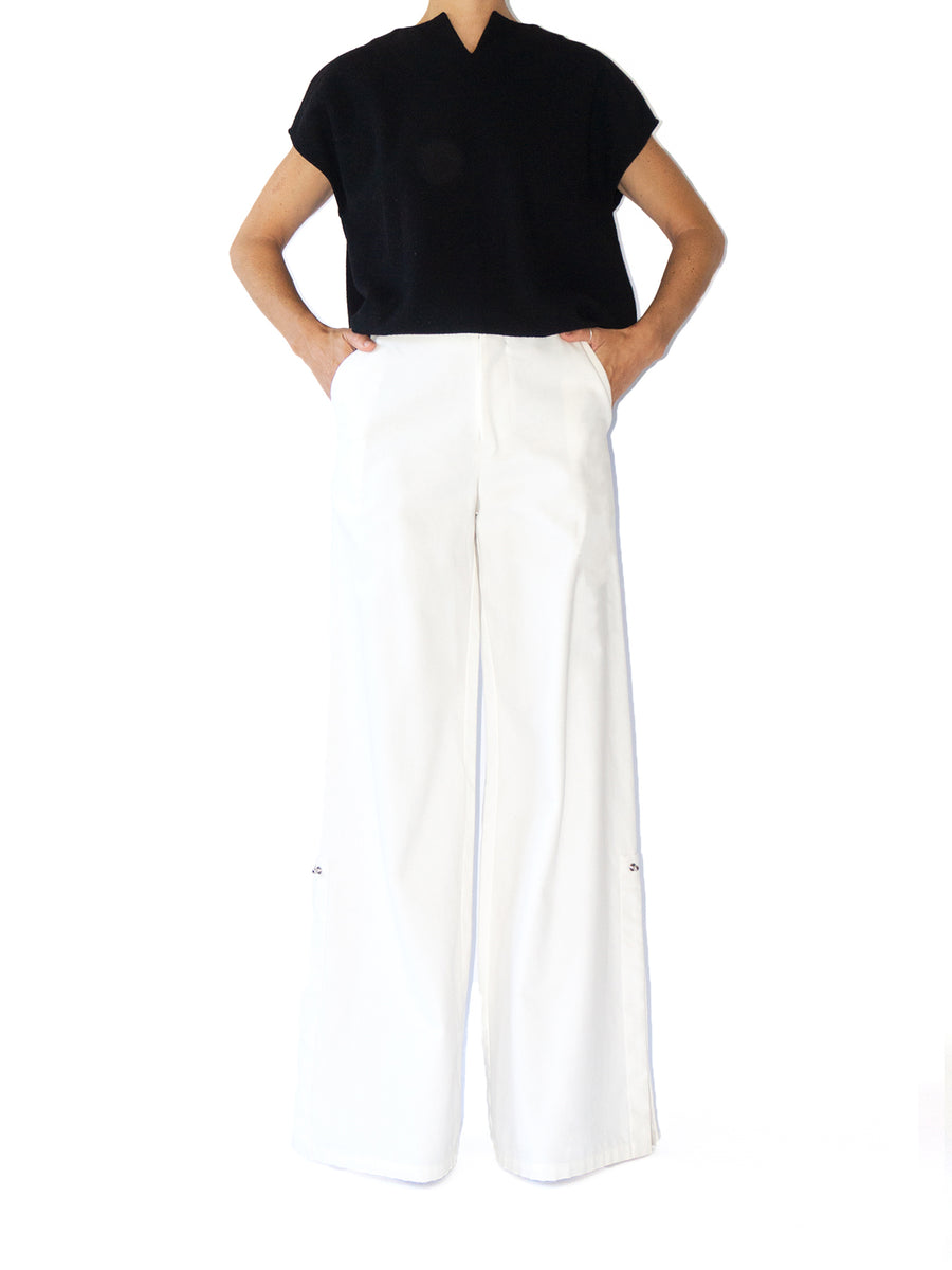 Releve Fashion Port Zienna White Abert Organic Cotton Palazzo Pants Sustainable Luxury Fashion Conscious Clothing Ethical Designer Brand Eco Design Innovative Materials Purchase with Purpose Shop for Good
