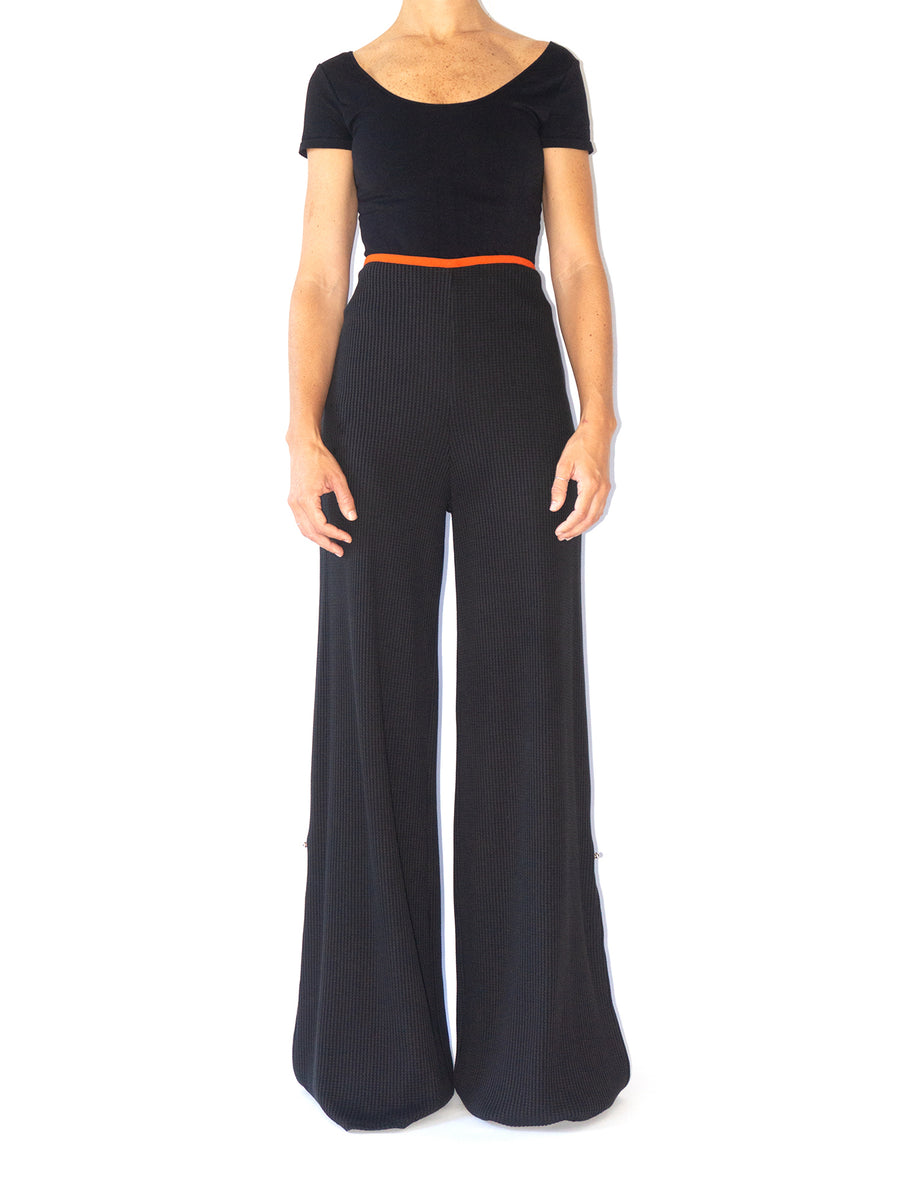 Releve Fashion Port Zienna Black Andria Organic Cotton Waffle Knit Palazzo Pants Sustainable Luxury Fashion Conscious Clothing Ethical Designer Brand Eco Design Innovative Materials Purchase with Purpose Shop for Good
