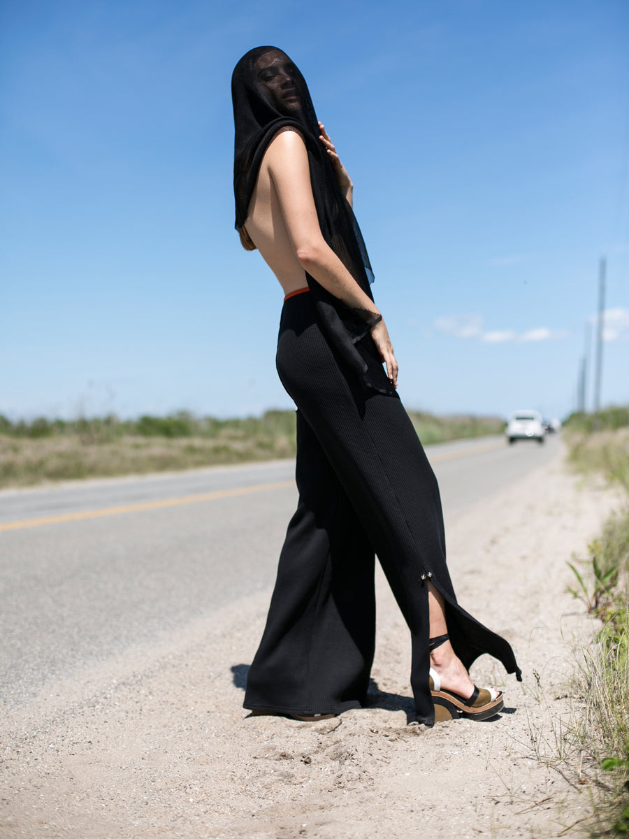 Releve Fashion Port Zienna Black Andria Organic Cotton Waffle Knit Palazzo Pants Sustainable Luxury Fashion Conscious Clothing Ethical Designer Brand Eco Design Innovative Materials Purchase with Purpose Shop for Good