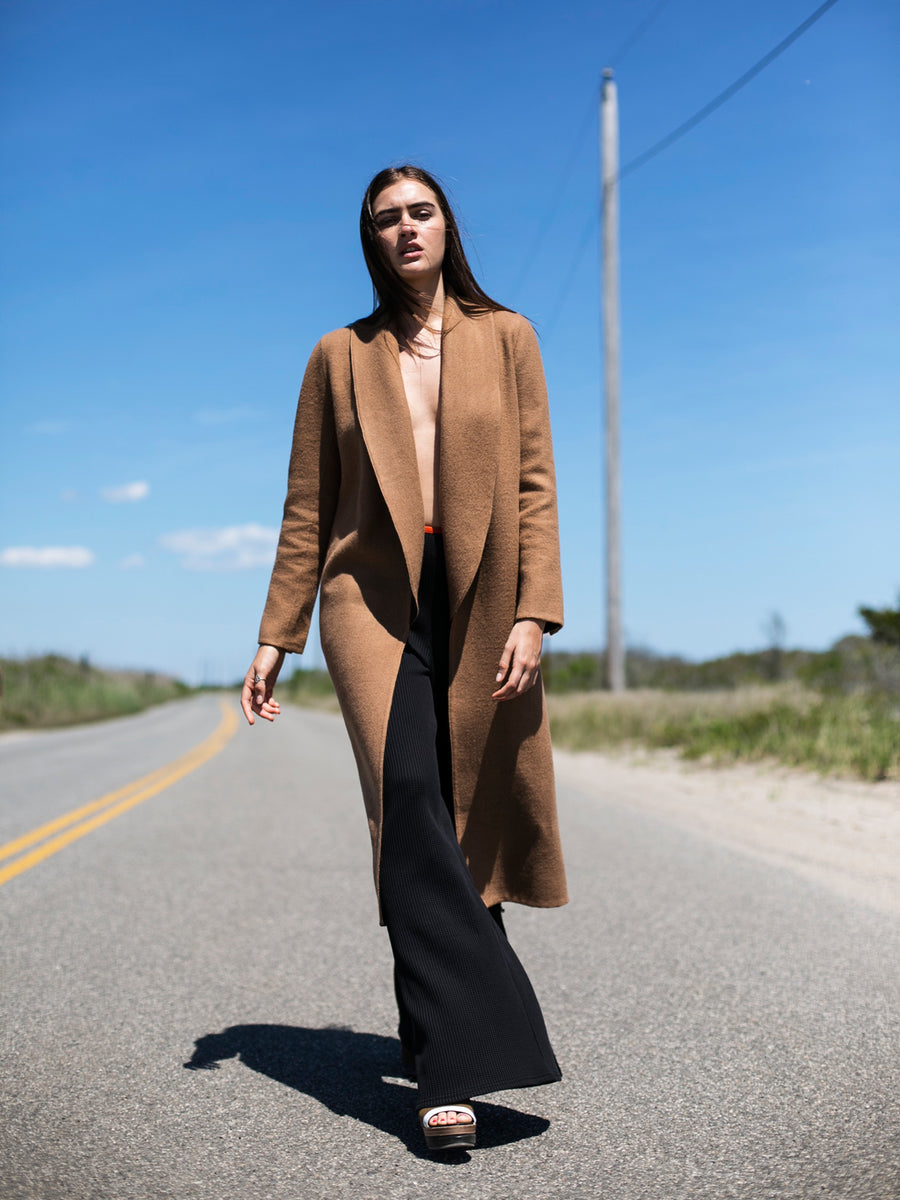 Releve Fashion Port Zienna Long Camel Kyoto Alpaca Coat Sustainable Luxury Fashion Conscious Clothing Ethical Designer Brand Eco Design Innovative Materials Purchase with Purpose Shop for Good