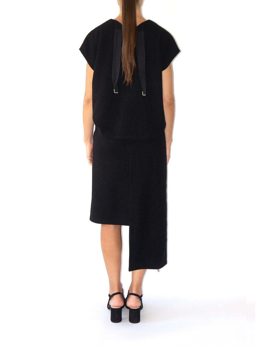 Releve Fashion Port Zienna Black Gres Asymmetrical Mid-Length Wool Skirt Sustainable Luxury Fashion Conscious Clothing Ethical Designer Brand Eco Design Innovative Materials Purchase with Purpose Shop for Good