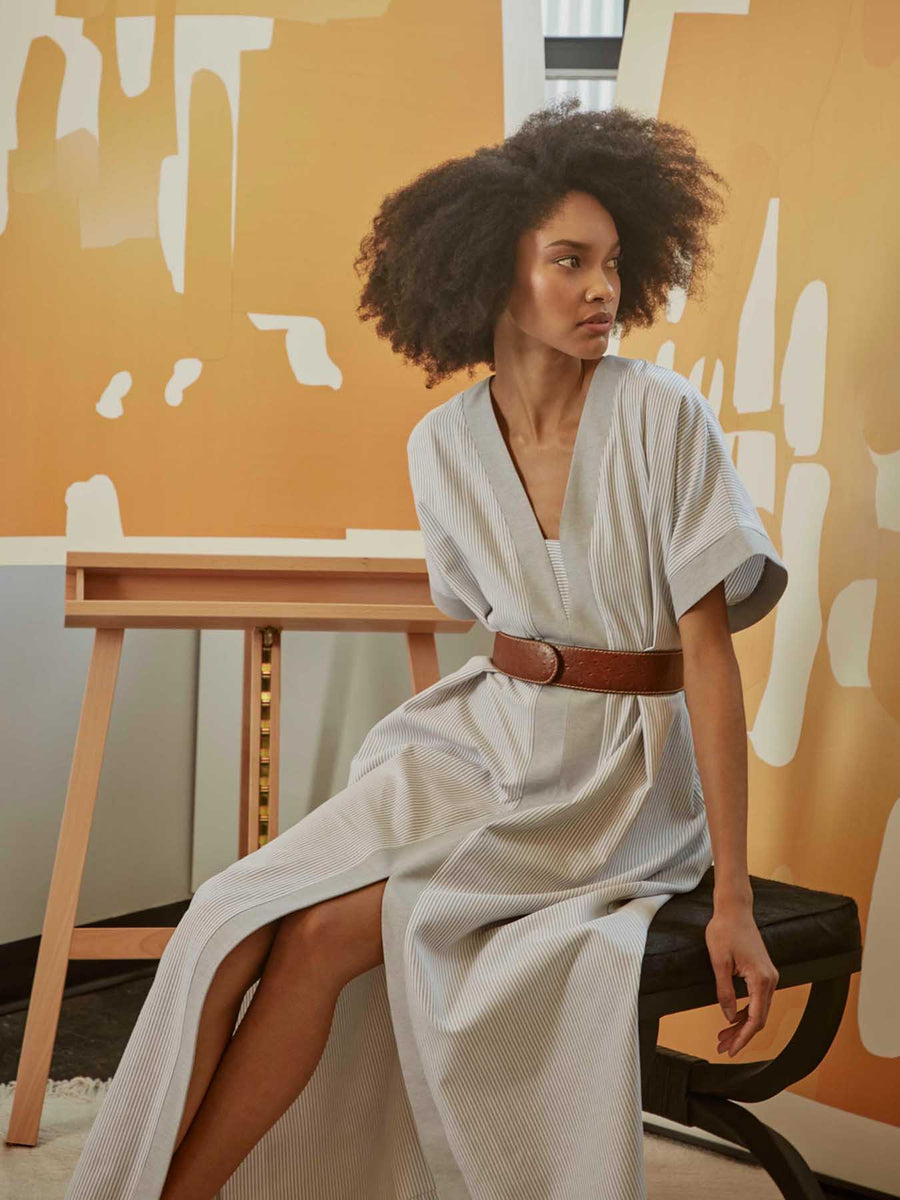 Releve Fashion Port Zienna Adonia Cotton Kimono Caftan in Grey and White Pinstripes Sustainable Luxury Fashion Conscious Clothing Ethical Designer Brand Purchase with Purpose Shop for Good