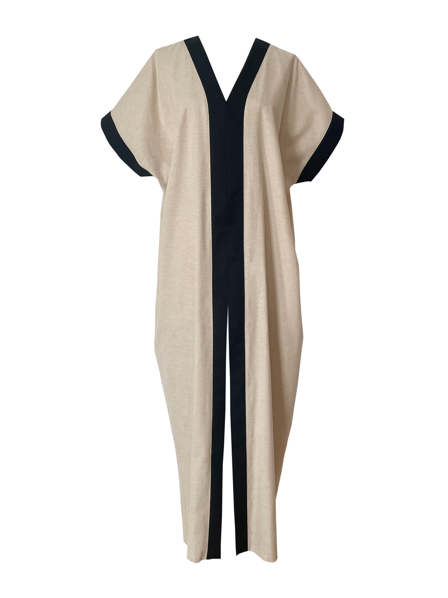 Releve Fashion Port Zienna Elisia Cotton Kimono Caftan in Beige and Black Sustainable Luxury Fashion Conscious Clothing Ethical Designer Brand Purchase with Purpose Shop for Good