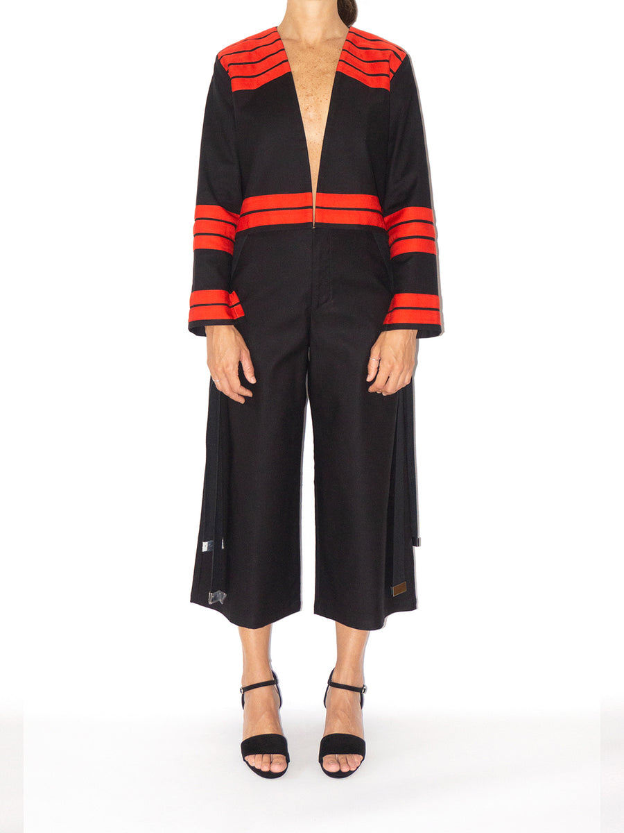 Releve Fashion Port Zienna Black and Orange Ribbon Collarless Jacket Sustainable Luxury Fashion Conscious Clothing Ethical Designer Brand Eco Design Innovative Materials Purchase with Purpose Shop for Good