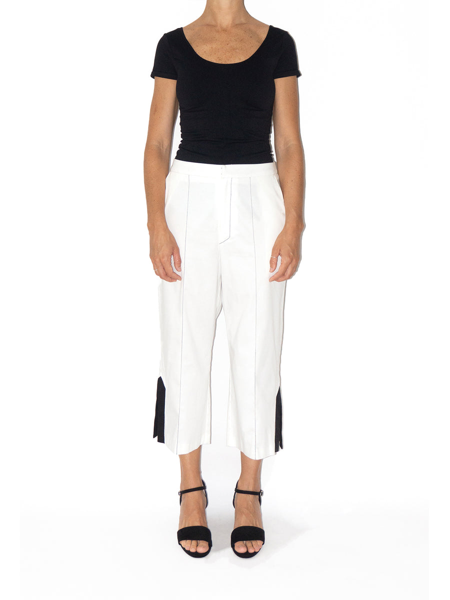 Releve Fashion Port Zienna White and Black Seam Cropped Trousers Sustainable Luxury Fashion Conscious Clothing Ethical Designer Brand Eco Design Innovative Materials Purchase with Purpose Shop for Good