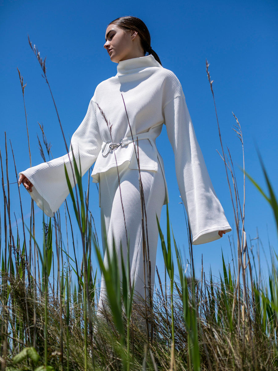 Releve Fashion Port Zienna White Amalfi Organic Cotton Waffle Knit Top Sustainable Luxury Fashion Conscious Clothing Ethical Designer Brand Eco Design Innovative Materials Purchase with Purpose Shop for Good