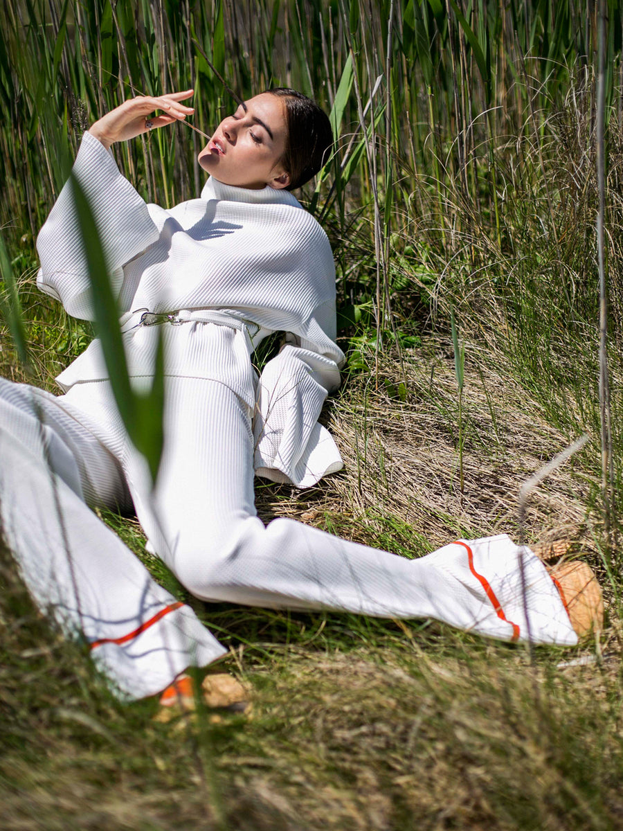 Releve Fashion Port Zienna White Neo Organic Cotton Waffle Knit Palazzo Pants Sustainable Luxury Fashion Conscious Clothing Ethical Designer Brand Eco Design Innovative Materials Purchase with Purpose Shop for Good