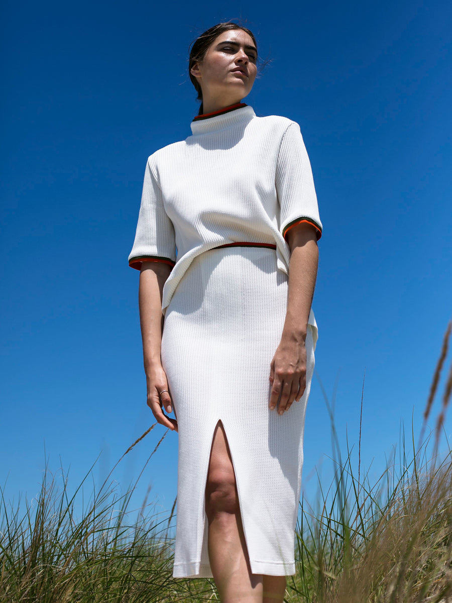 Releve Fashion Port Zienna White Soho Organic Cotton Waffle Knit Skirt Sustainable Luxury Fashion Conscious Clothing Ethical Designer Brand Eco Design Innovative Materials Purchase with Purpose Shop for Good