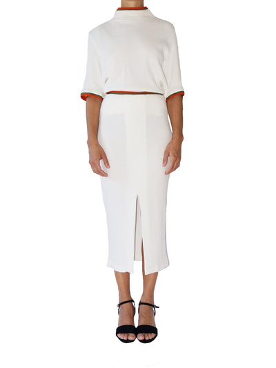 Releve Fashion Port Zienna White Soho Organic Cotton Waffle Knit Skirt Sustainable Luxury Fashion Conscious Clothing Ethical Designer Brand Eco Design Innovative Materials Purchase with Purpose Shop for Good