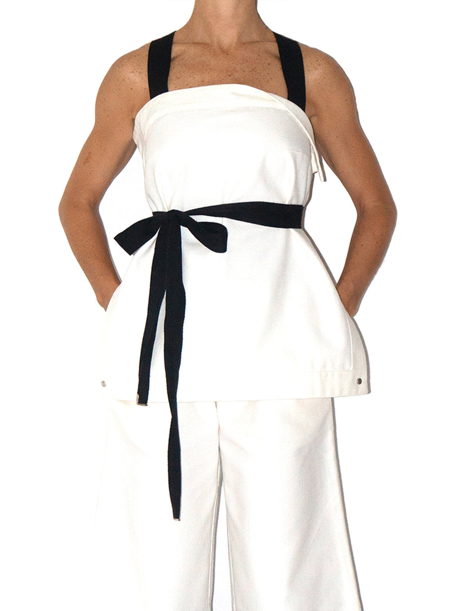 Releve Fashion Port Zienna White and Black Organic Cotton Backless Top Sustainable Luxury Fashion Conscious Clothing Ethical Designer Brand Eco Design Innovative Materials Purchase with Purpose Shop for Good