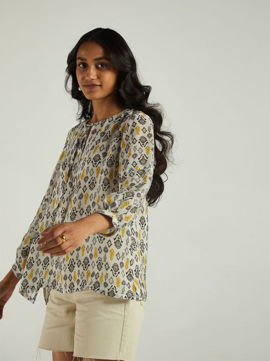 Releve Fashion Reistor A Summer Escape Top Ikat Gardens Print Ethical Designer Brand Sustainable Fashion Conscious Clothing Purchase with Purpose Shop for Good