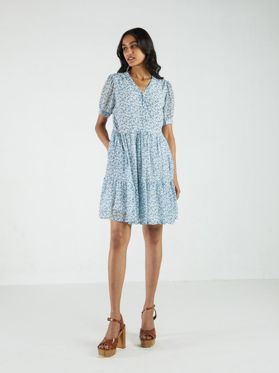 Releve Fashion Reistor Forget Me Not Dress Blue White Floral Print Ethical Designer Brand Sustainable Fashion Conscious Clothing Purchase with Purpose Shop for Good