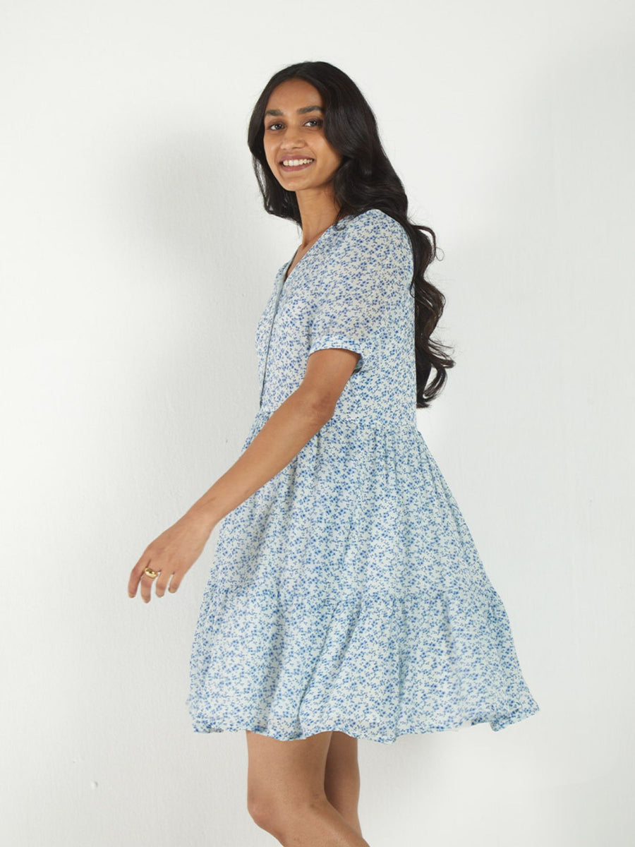 Releve Fashion Reistor Forget Me Not Dress Blue White Floral Print Ethical Designer Brand Sustainable Fashion Conscious Clothing Purchase with Purpose Shop for Good