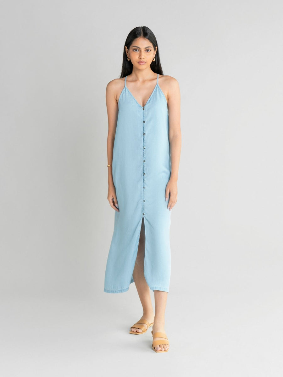 Releve Fashion Reistor Blue In the Mood for Love Slip Dress Ethical Designer Brand Sustainable Fashion Conscious Clothing Purchase with Purpose Shop for Good