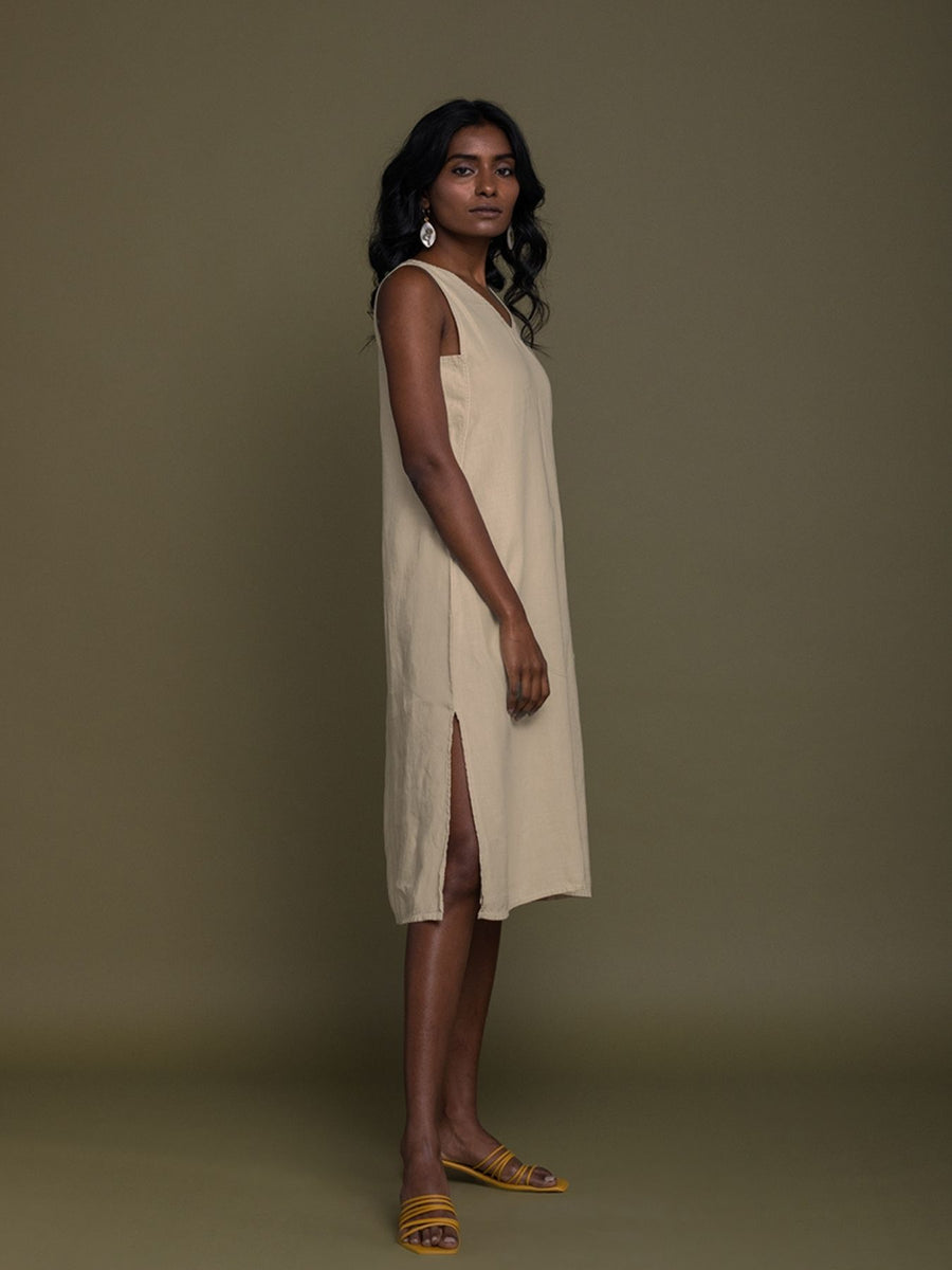 Releve Fashion Reistor Beige Reading Tea Leaves Sleeveless Dress Ethical Designer Brand Sustainable Fashion Conscious Clothing Purchase with Purpose Shop for Good