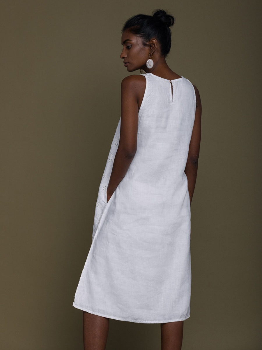 Releve Fashion Reistor White Stolen Sunset Sleeveless Dress Ethical Designer Brand Sustainable Fashion Conscious Clothing Purchase with Purpose Shop for Good