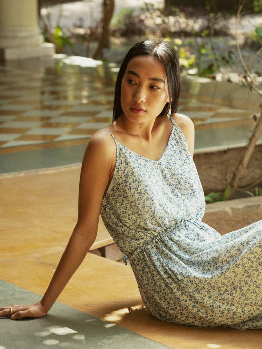 Releve Fashion Reistor Sunbeam Sundays Dress Forget Me Not Print Ethical Designer Brand Sustainable Fashion Conscious Clothing Purchase with Purpose Shop for Good