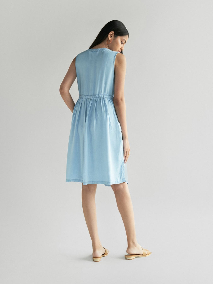 Releve Fashion Reistor Blue Pina Colada Sleeveless Dress Ethical Designer Brand Sustainable Fashion Conscious Clothing Purchase with Purpose Shop for Good