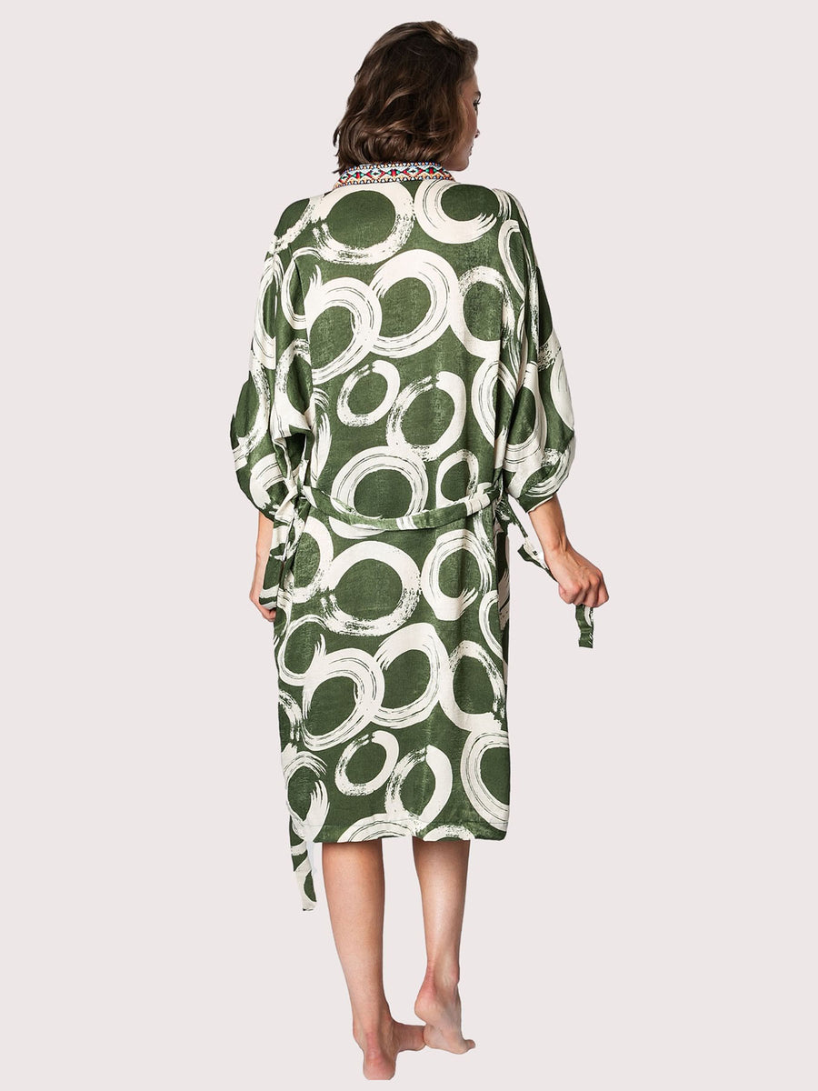 Releve Fashion SixtyNinety Long Green Geometric Print Kimono Beach Coverup Sustainable Resort Wear Slow Fashion Conscious Clothing Ethical Designer Brand Purchase with Purpose Shop for Good