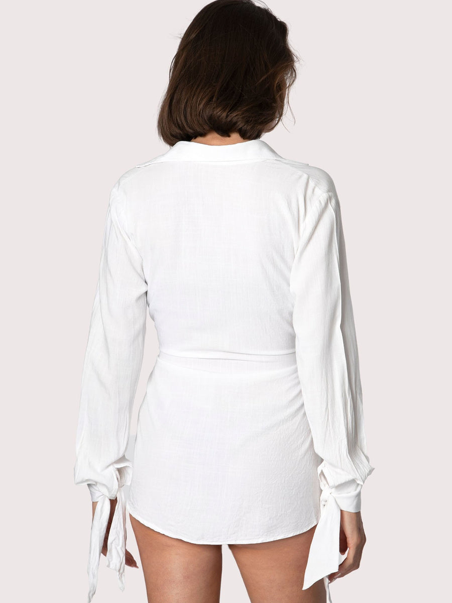 Releve Fashion SixtyNinety White Collared Wrap Shirt Beach Coverup Sustainable Resort Wear Slow Fashion Conscious Clothing Ethical Designer Brand Purchase with Purpose Shop for Good