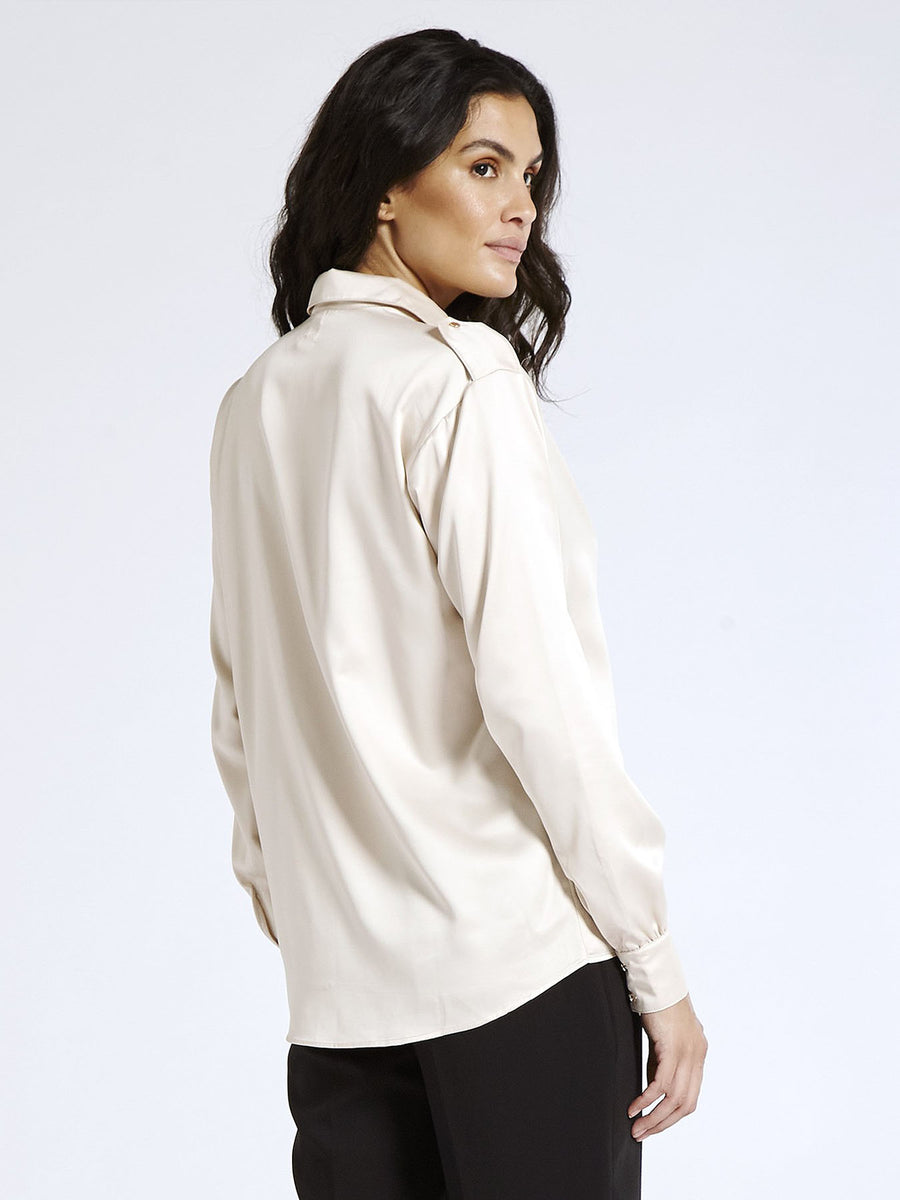 Releve Fashion SixtyNinety Nude Satin Button Down Shirt Sustainable Resort Wear Slow Fashion Conscious Clothing Ethical Designer Brand Purchase with Purpose Shop for Good