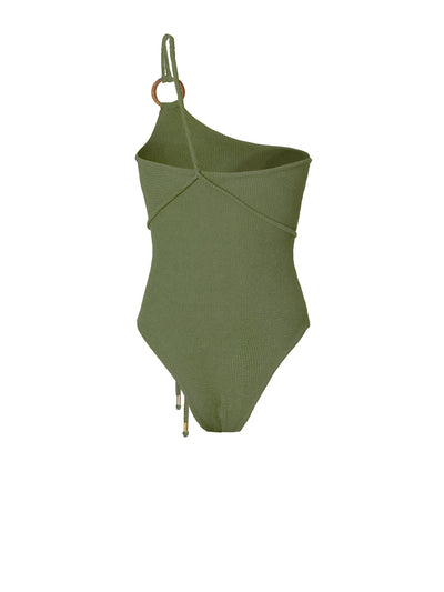 Releve Fashion SixtyNinety One-Shouldered Green Textured Audrey One-Piece Swimsuit Sustainable Swimwear Beachwear Slow Fashion Conscious Clothing Ethical Designer Brand Purchase with Purpose Shop for Good