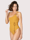 Releve Fashion SixtyNinety One-Shouldered Mustard Textured Audrey One-Piece Swimsuit Sustainable Swimwear Beachwear Slow Fashion Conscious Clothing Ethical Designer Brand Purchase with Purpose Shop for Good