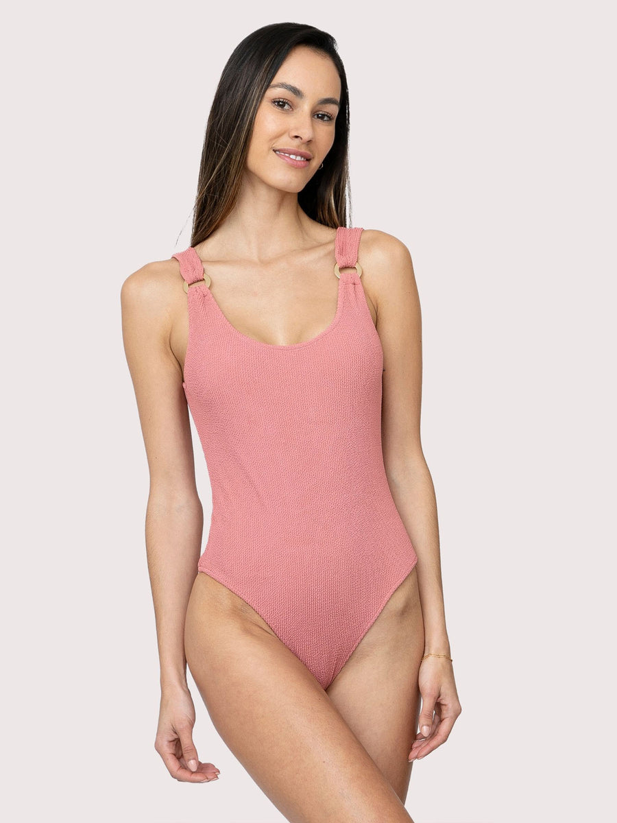 Releve Fashion SixtyNinety Pink Textured Greta Scoop Neck One-Piece Swimsuit Sustainable Swimwear Beachwear Slow Fashion Conscious Clothing Ethical Designer Brand Purchase with Purpose Shop for Good