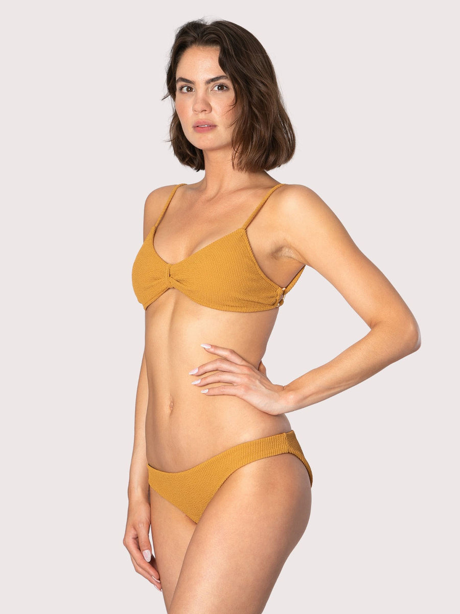 Releve Fashion SixtyNinety Mustard Yellow Sophia Textured Bikini Top Swimsuit Sustainable Swimwear Beachwear Slow Fashion Conscious Clothing Ethical Designer Brand Purchase with Purpose Shop for Good