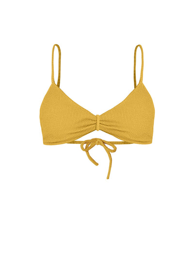 Releve Fashion SixtyNinety Mustard Yellow Sophia Textured Bikini Top Swimsuit Sustainable Swimwear Beachwear Slow Fashion Conscious Clothing Ethical Designer Brand Purchase with Purpose Shop for Good