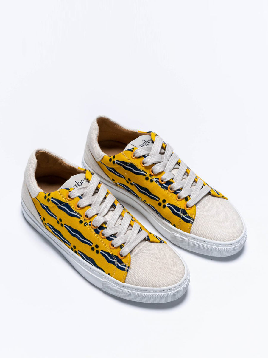 Releve Fashion Wibes Yellow Blue and White Akwaba Sanata Trainers Sneakers Ethical Designers Sustainable Fashion Brands Purchase with Purpose Shop for Good