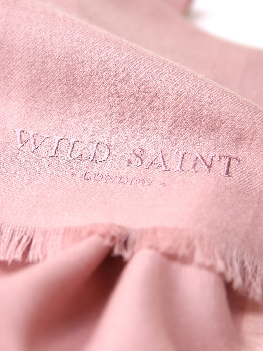 Releve Fashion Wild Saint London Old Rose Lightweight 100% Cashmere Scarf Sustainable Luxury Fashion Conscious Clothing and Accessories Ethical Designer Brand Animal-friendly Cruelty-free Handcrafted Purchase with Purpose Shop for Good