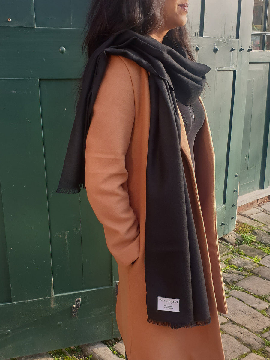 Releve Fashion Wild Saint London Black Lightweight 100% Cashmere Scarf Sustainable Luxury Fashion Conscious Clothing and Accessories Ethical Designer Brand Animal-friendly Cruelty-free Handcrafted Purchase with Purpose Shop for Good