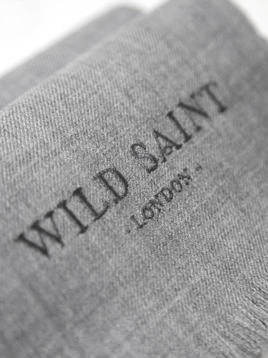 Releve Fashion Wild Saint London Grey Lightweight 100% Cashmere Scarf Sustainable Luxury Fashion Conscious Clothing and Accessories Ethical Designer Brand Animal-friendly Cruelty-free Handcrafted Purchase with Purpose Shop for Good