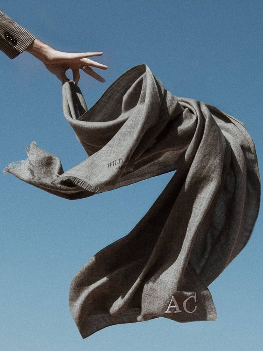 Releve Fashion Wild Saint London Grey Lightweight 100% Cashmere Scarf Sustainable Luxury Fashion Conscious Clothing and Accessories Ethical Designer Brand Animal-friendly Cruelty-free Handcrafted Purchase with Purpose Shop for Good