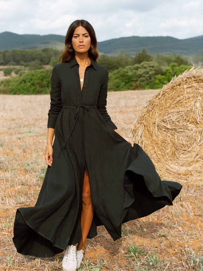Releve Fashion Oramai London Black Amalfi Long Linen Dress Ethical Designers Sustainable Fashion Brands Eco-Age Brandmark Purchase with Purpose Shop for Good